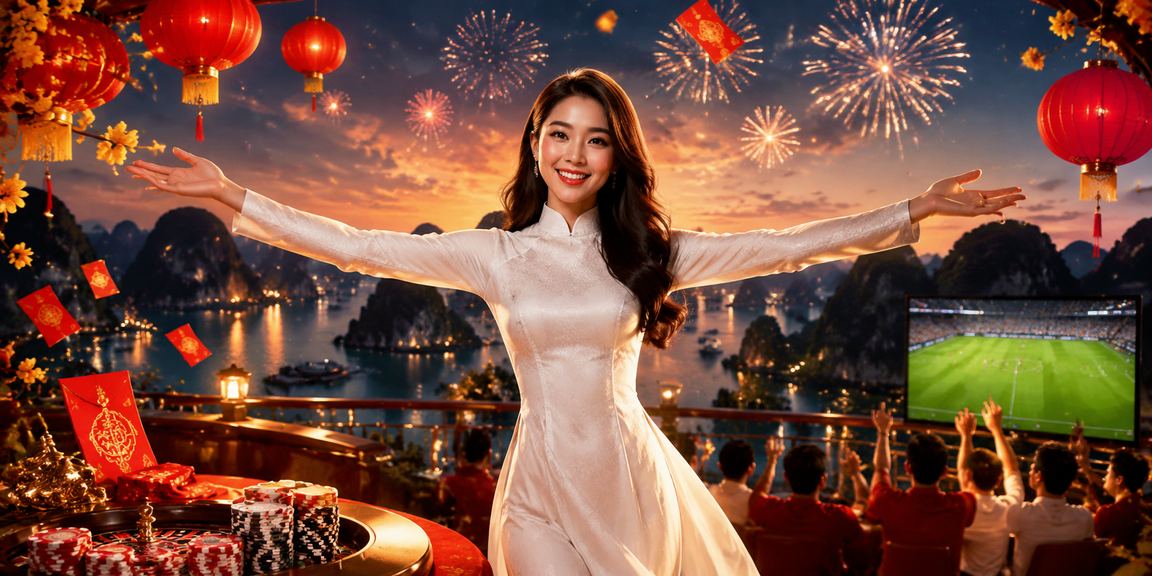 Thiếu nữ áo dài tại vịnh Hạ Long cầm phong bì đỏ may mắn trong mùa lễ hội thể thao và cược