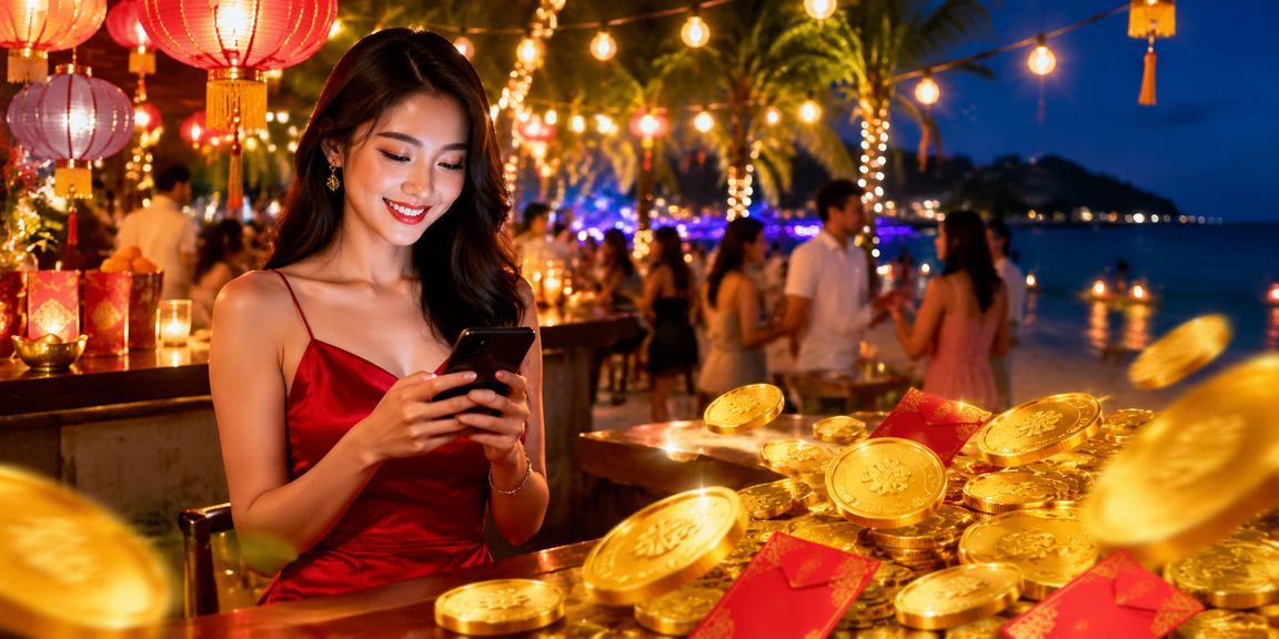 Phong bì đỏ và đèn lồng biểu tượng phần thưởng VIP mùa lễ tại Phú Quốc